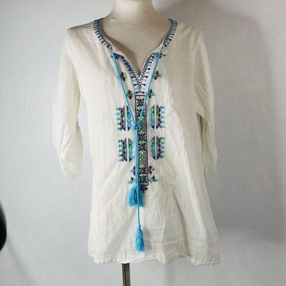 Ananda's Collection sz L White Tunic Embroidered - Picture 1 of 9